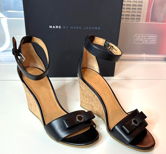 Marc By Marc Jacobs Shoes - Marc by Marc Jacobs Black Leather & Cork Wedge Ankle Strap Sandals Silver 7.5